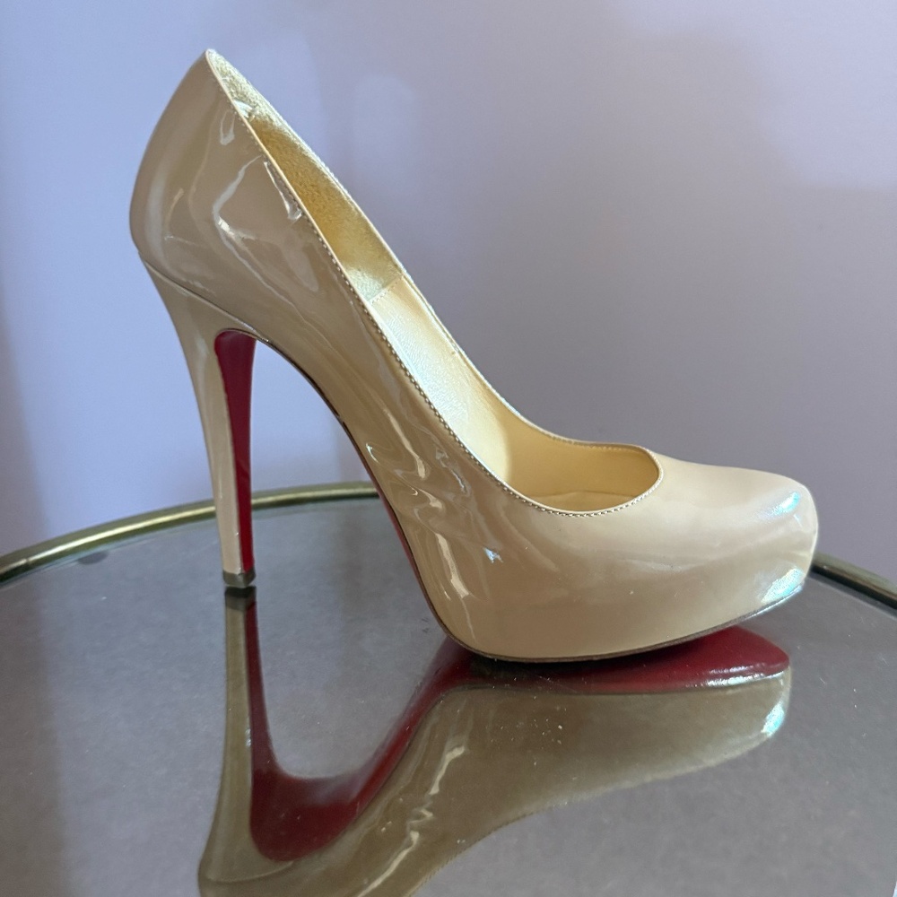 Christian Louboutin. Nude Patent Leather Rolando 120 Platform Pump